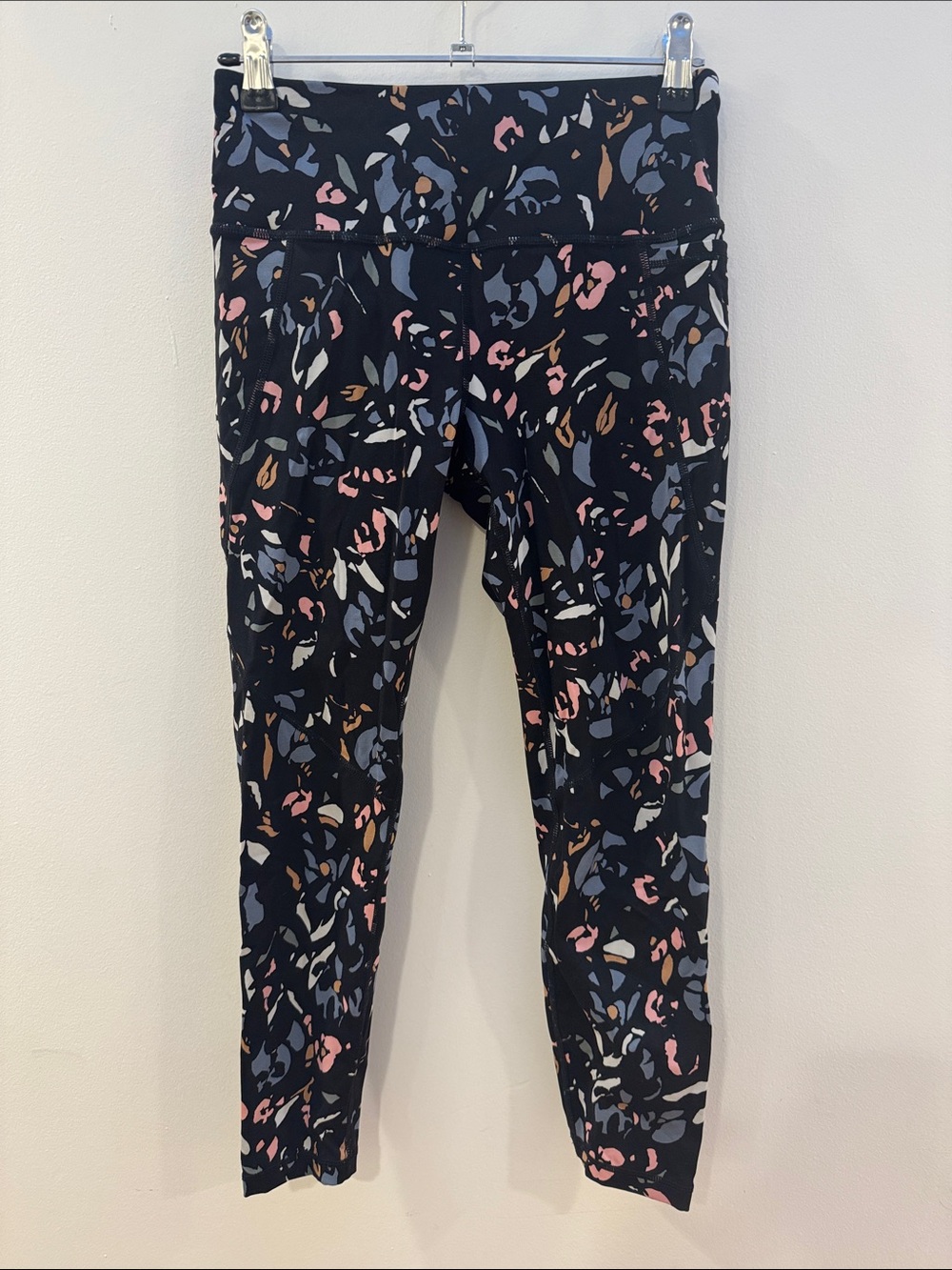 Sweaty Betty Black Leggings with Pink, Blue & Tan Pattern